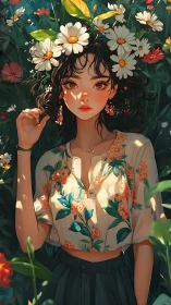 Sunlit floral portrait of young woman in lush garden setting