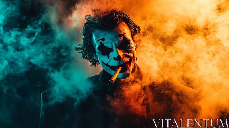 Smoke-split jester emerges in teal and ember twilight haze.