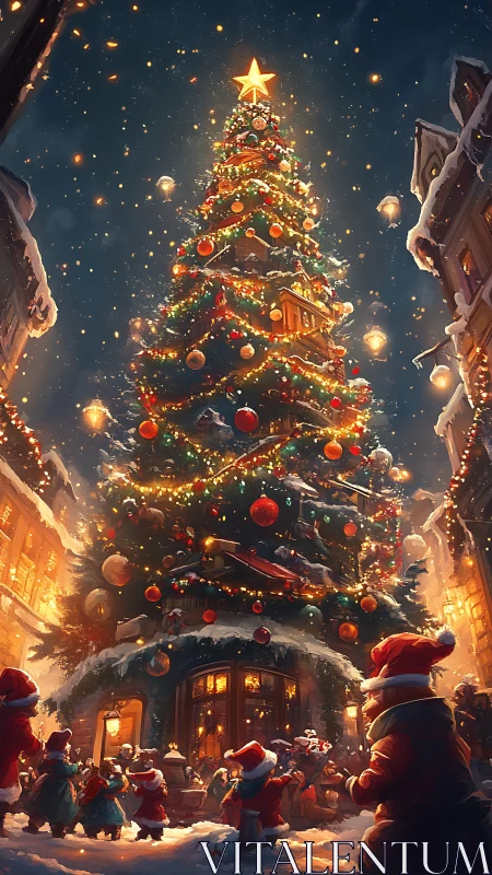 Enchanting town Christmas tree glowing with holiday cheer.