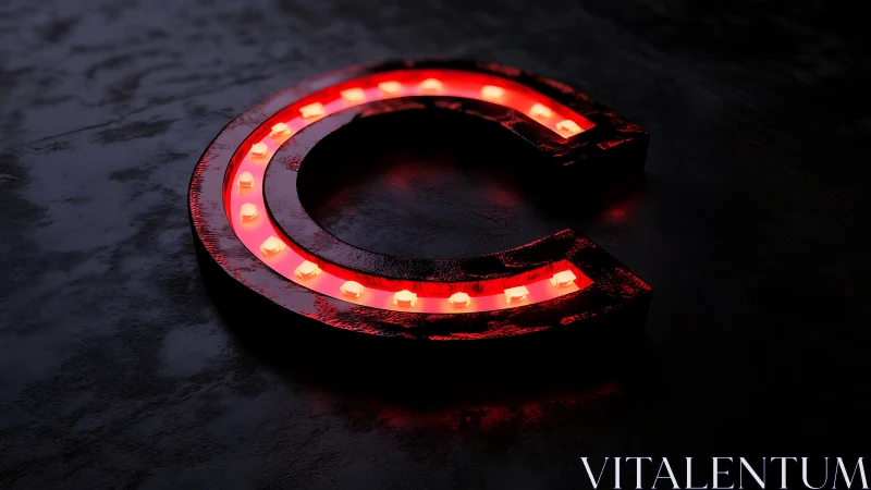 Red illuminated C-shaped light rests on dark reflective surface