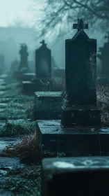 Quiet gravestones stand in mist, holding gentle, solemn stories