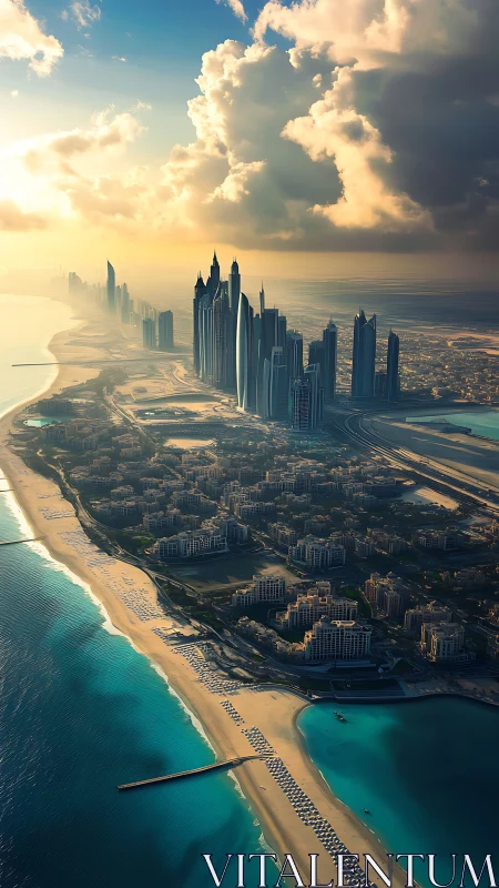 Aerial littoral megacity skyline under volumetric sunset clouds.