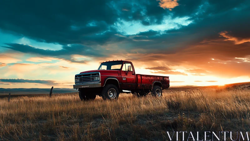 Sunset glow wraps a weathered red pickup in open prairie calm