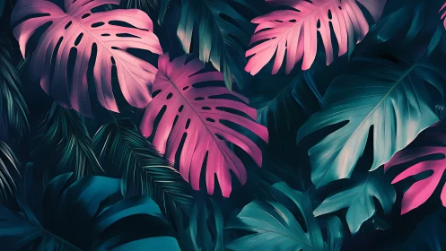 Neon pink and teal monstera leaves in dense pattern.
