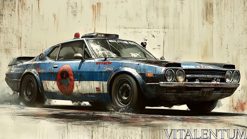 Heavily weathered retro police racer drifts against stained wall backdrop