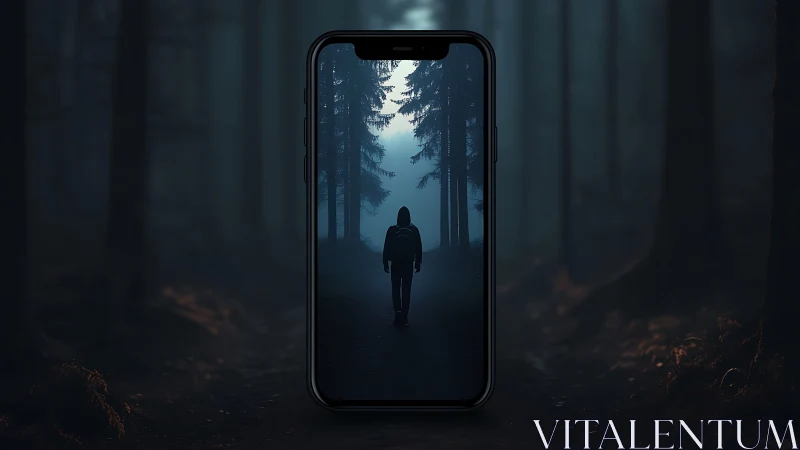 Solitary hooded figure framed within smartphone forest portal.