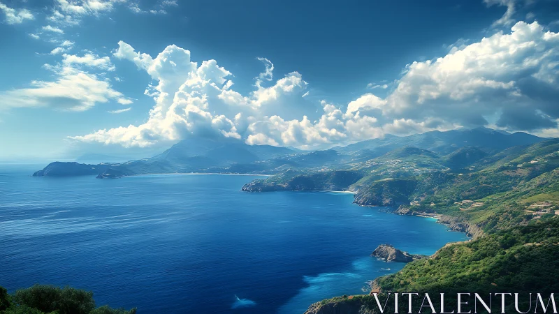 Sunlit coastal mountains meet deep blue Mediterranean sea