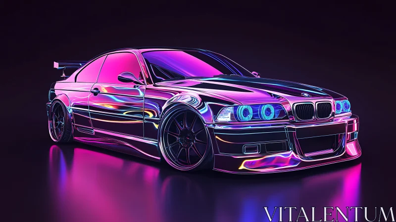 Neon chrome BMW coupe glows under vibrant cyberpunk lights.