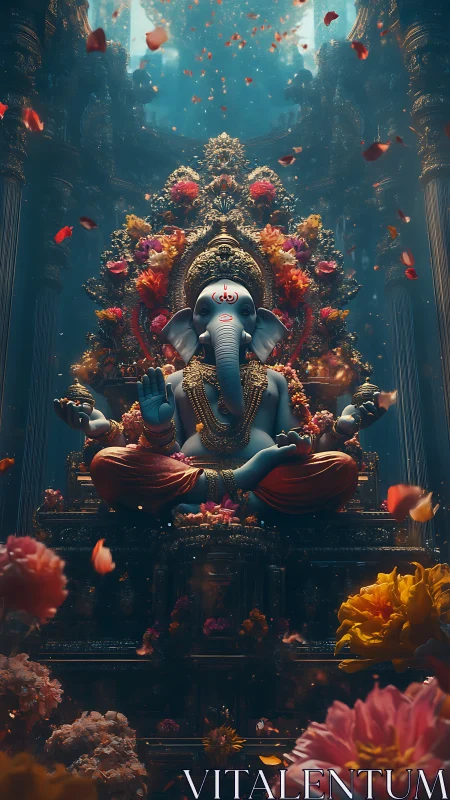 Deity in ornate mandap rendered as luminous digital painting