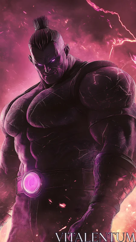 Brooding cosmic warrior glowing in stormy pink light.