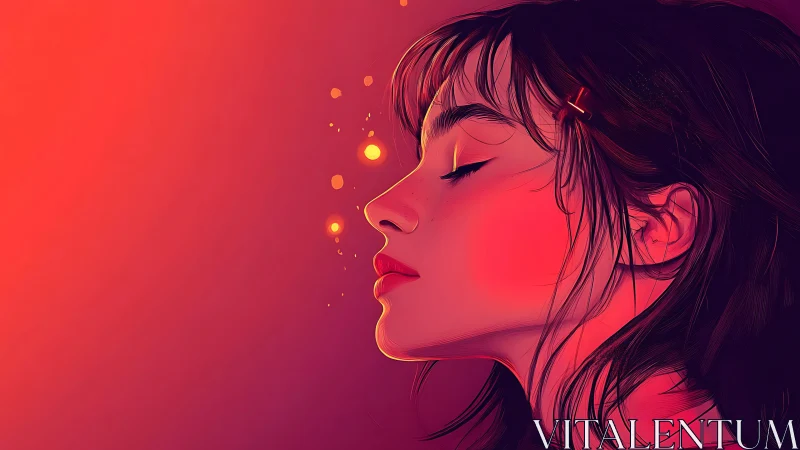 Side profile portrait of young woman in warm neon light.