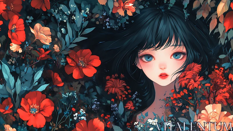 Young female face surrounded by dense red floral field.