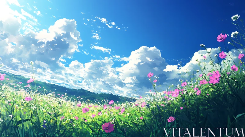 Wildflower meadow glows beneath towering summer clouds.