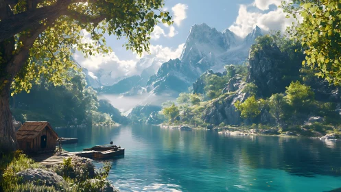 Mountain lake cabin with dock under bright summer light.