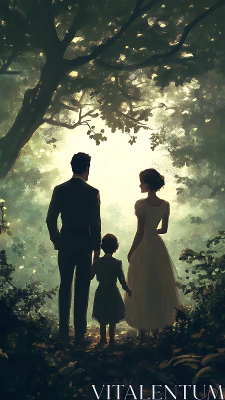 Family silhouette under glowing forest canopy at dusk.