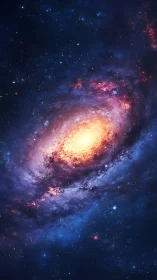 Spiral galaxy core glows within deep blue cosmic field.