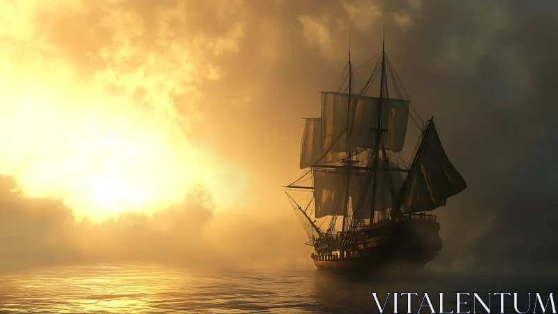 Sunlit tall ship sailing gently through golden morning mist.