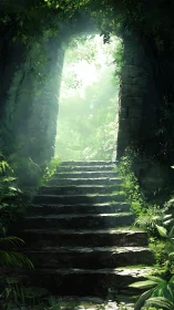 Stone stairway ascending through overgrown forest archway.