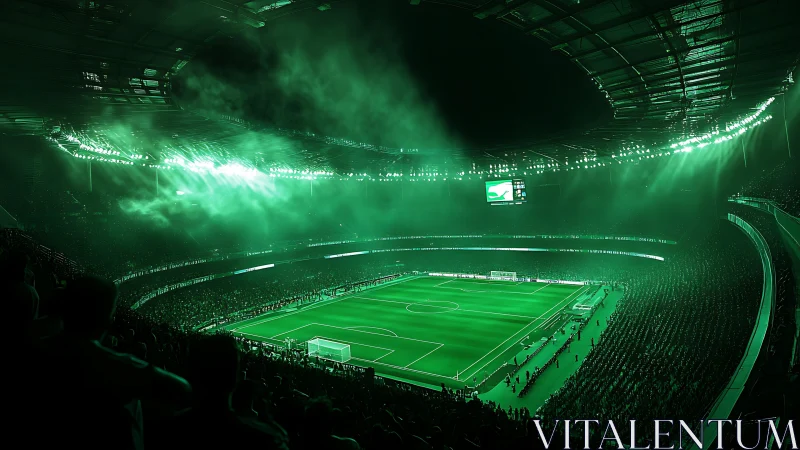 Illuminated football stadium interior shows full pitch view