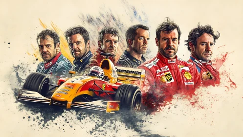 Racing driver portraits and formula car composite artwork.