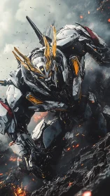 Battle-worn mech warrior kneeling in burning wasteland.