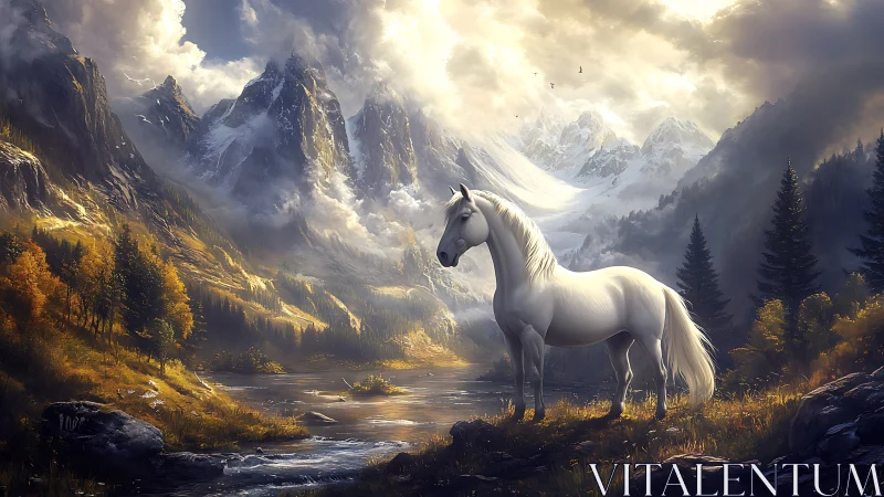 Majestic white horse beneath luminous alpine peaks.