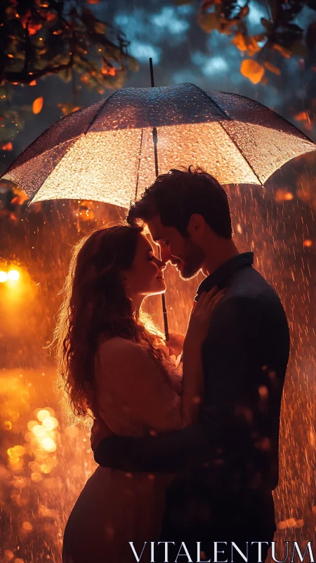 Couple Sheltered Under Glowing Umbrella in Fiery Rain.