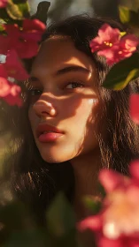 Side-lit portrait amid florals with sculpted shadow geometry.
