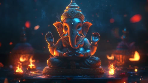 Ganesh idol in cinematic bokeh with ritual firelight glow.
