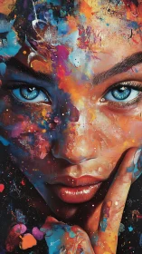 Chromatic portrait study with intense blue irises and splatter.