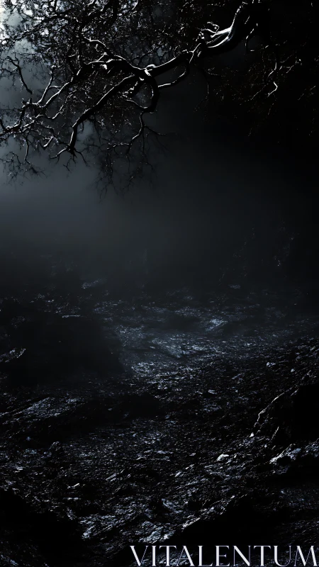 Moonlit branches hang over dark, wet rocky ground
