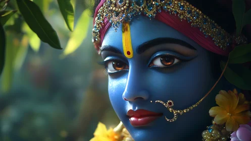 Divine blue-faced deity gazes softly through jeweled calm