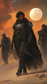 Desert warrior trio under colossal moonlit sky.