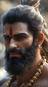 Warrior sage gazes forward, gold and ash tracing his legend