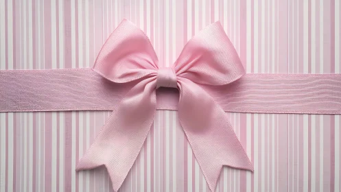 Satin pink gift bow centered on striped pastel background surface