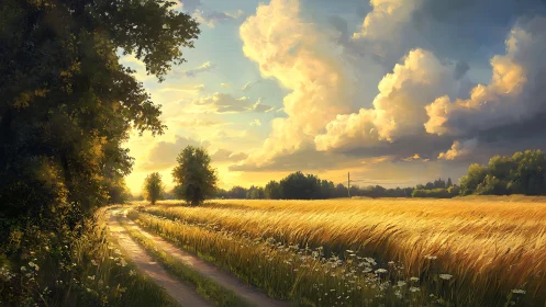 Golden country road glows beneath a vast summer evening sky