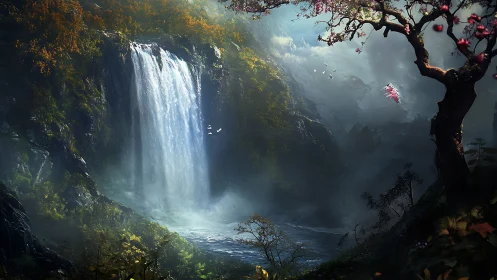 Waterfall basin in atmospheric valley with high dynamic contrast