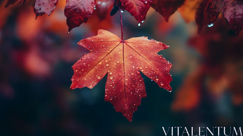 Scarlet maple leaf with raindrops in dreamy autumn bokeh.