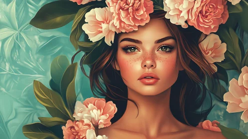 Freckled garden muse gazes through a crown of coral blooms