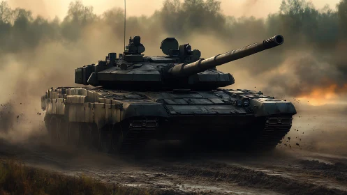 Main battle tank advances across dusty training range