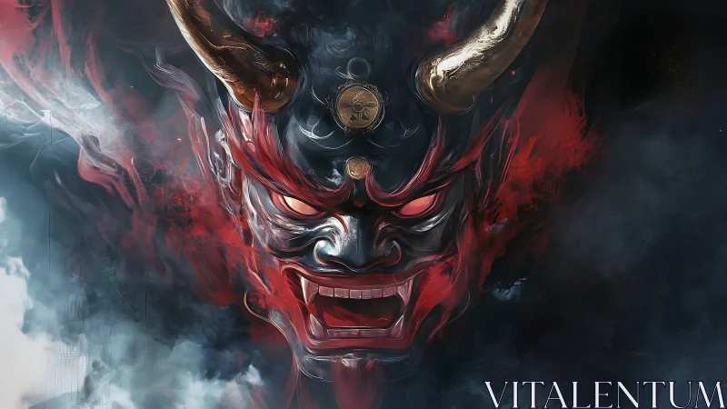Demonic oni mask emerging from smoke in fiery digital art.