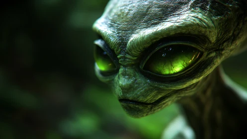 Close-up 3D render of green-eyed extraterrestrial face