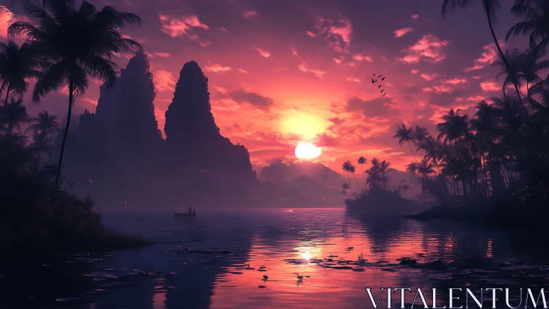 Tropical Limestone Karsts at Sunset: Golden Hour Atmospheric Rendering