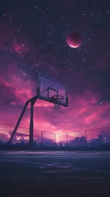 Basketball hoop under starry magenta night sky scene.
