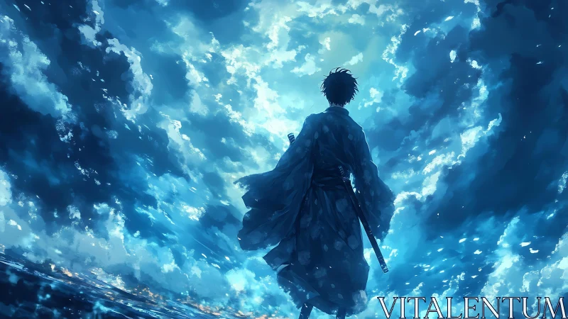 Backlit samurai silhouette framed by turbulent cyan cloud vortex