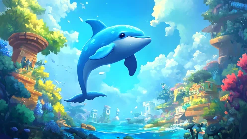 Joyful blue dolphin glides through a bright fantasy lagoon