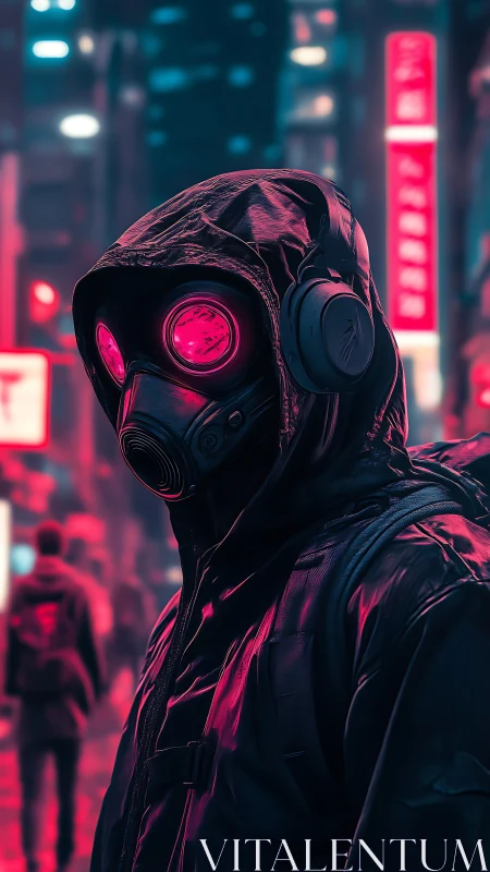 Hooded figure in gas mask on neon city street at night.