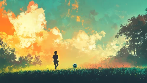 Silhouetted child and soccer ball under vivid painted sky.