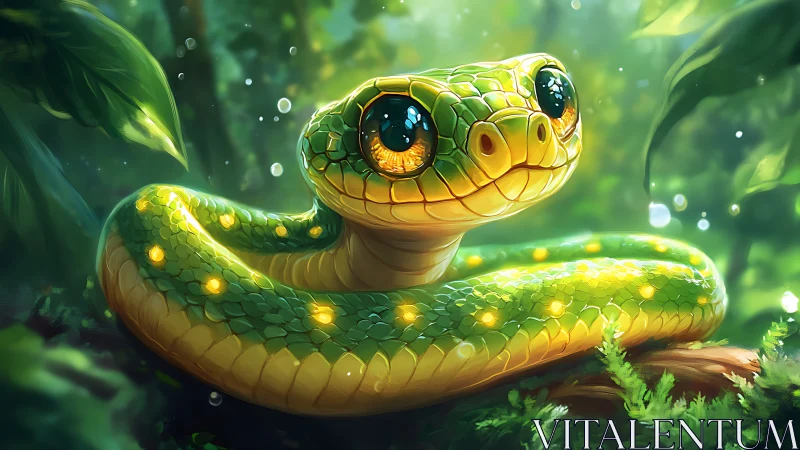 Glowing green snake coils under soft forest bokeh light.