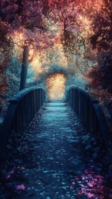 Twilight bridge hums softly beneath a portal of burning leaves